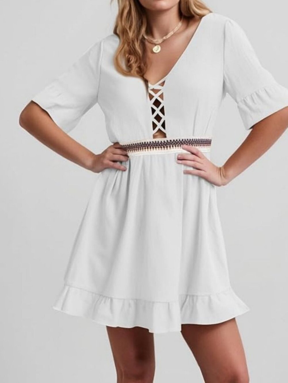 BMJL White Ruffled Swimsuit Cover Up Short Sleeve Mini Dress with Pockets